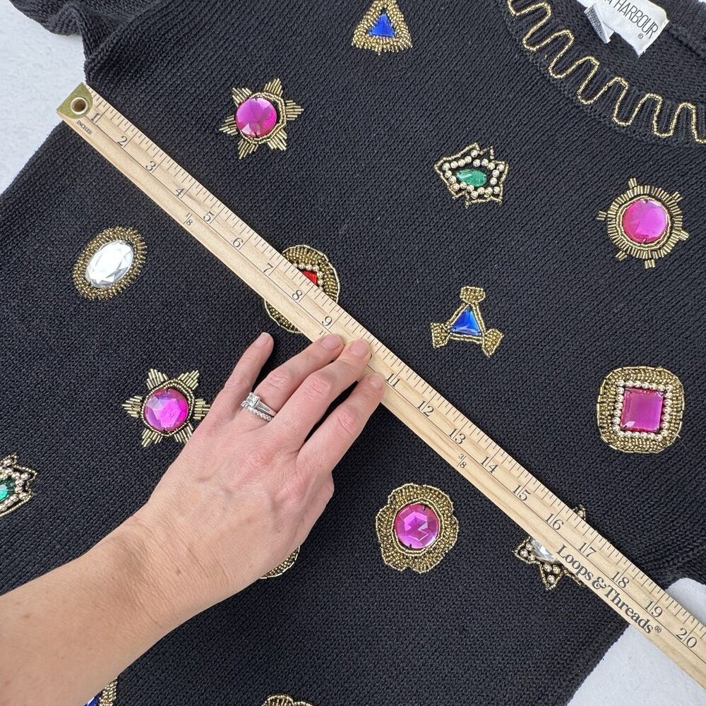 Vintage 80s Victoria Harbour Jewel Sweater M Black Beaded Glam Granny‎ Ugly - Picture 9 of 12